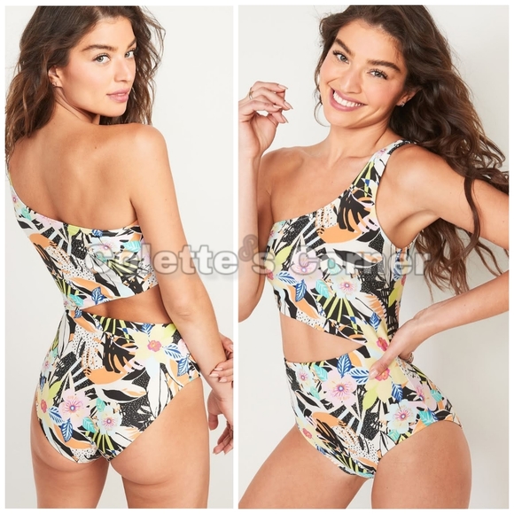 Old Navy One-Shoulder Side-Cutout One-Piece Tropical Print Swimsuit Size XL - Picture 9 of 10